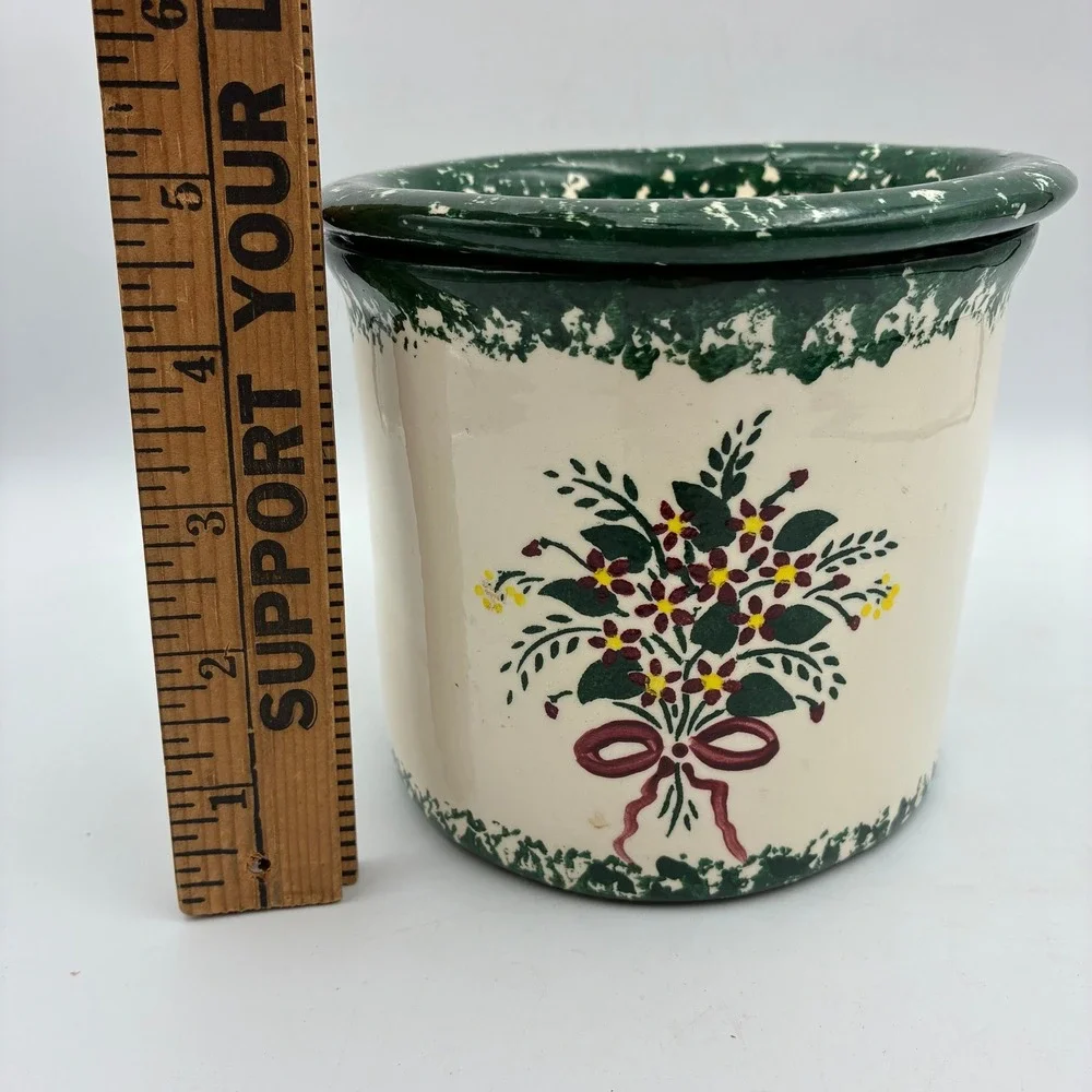 Artisan Floral Spongeware Ceramic Dip Chiller Potpourri Crock Green Cream 5in
